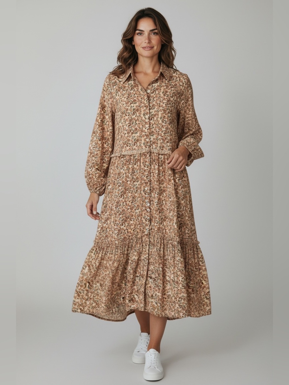 Elloqui size 16 Floral Long Sleeve Midi Tiered Floral Dress